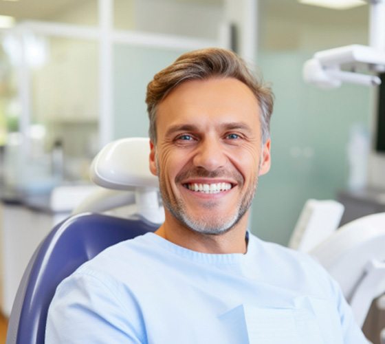 Man smiling while sitting in dental treatment chair